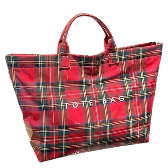 Red Tartan Plaid Tote Bag Large Tear Resistant Paper Shopper Travel Carryall New - Picture 6 of 8